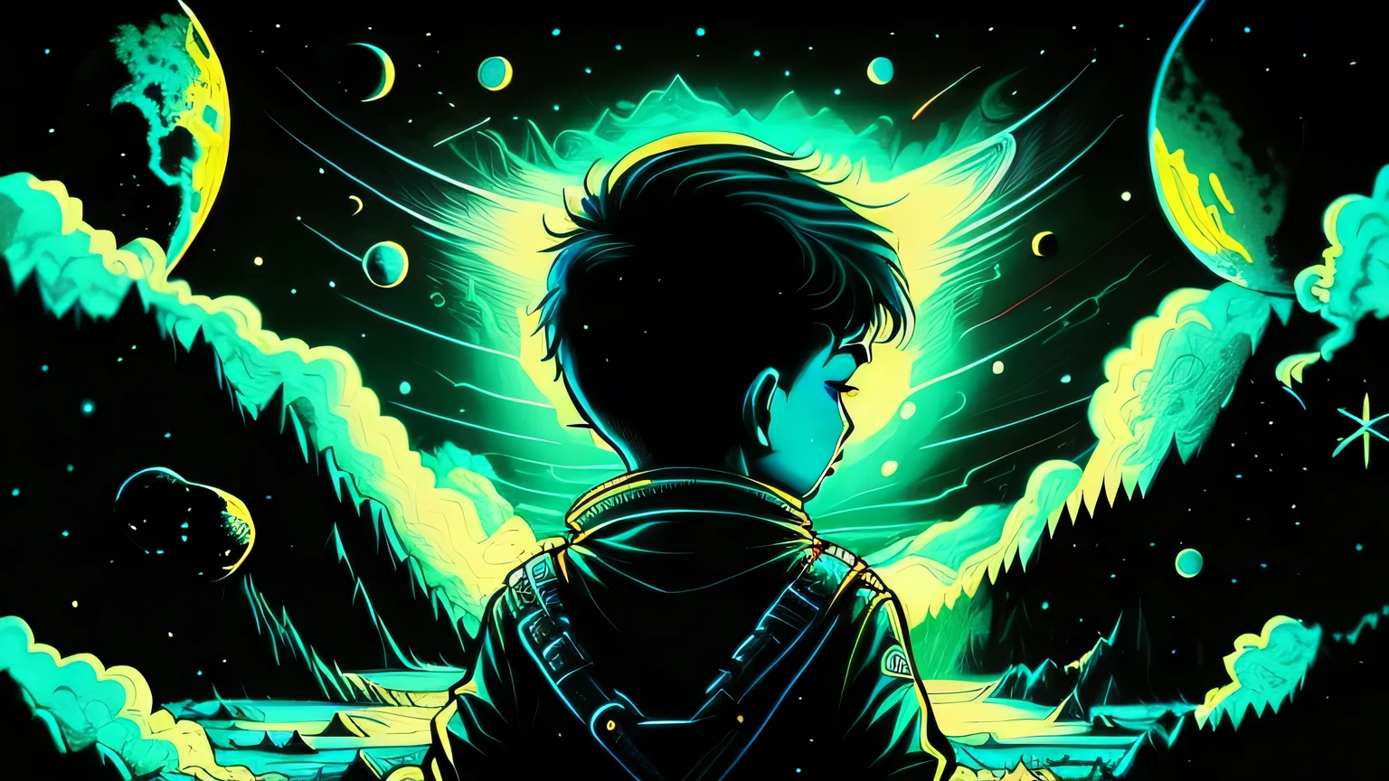 A boy looks at a winter in space, arte, beautiful illustration