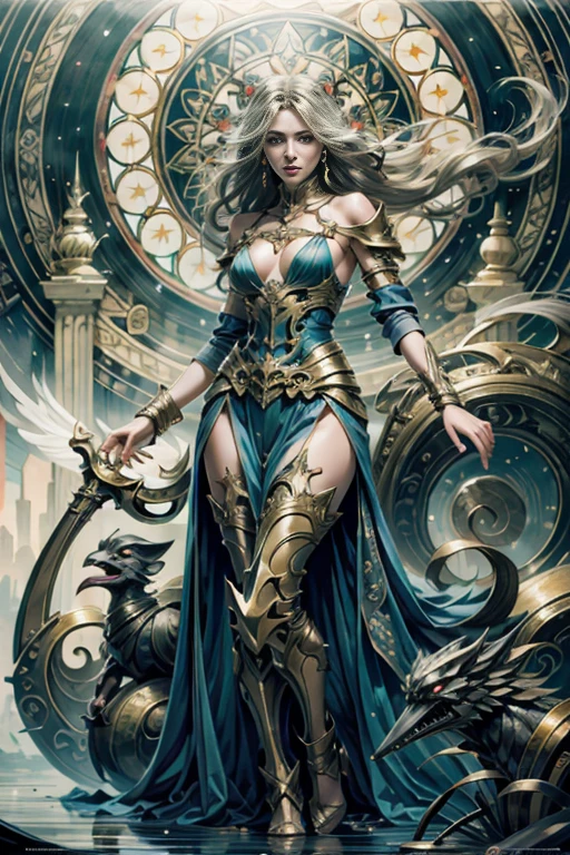 best quality,4k,8k,highres,masterpiece:1.2,ultra-detailed,realistic:1.37,HDR,UHD,ultra-fine painting,sharp focus,physically-based rendering,extreme detail description,professional,art nouveau,tarot card style, (2characters), dynamic angle, dynamic pose, fierce expression, Full body, alien female, A female spellblade wielding a translucent blue sword is accompanied by a guardian spirit. The sword hungers for souls as it glows with ethereal energy. The woman is protected by the guardian spirit, which emanates a comforting and powerful presence., Flowing silver hair., The atmosphere is reminiscent of the mysterious and enchanting world of the Final Fantasy X game, with elements of JRPG. The scene is filled with vibrant colors, capturing the essence of the fantasy universe. The lighting casts a warm glow, highlighting the intricate details of the female spellblade, and the guardian spirit. As the female spellblade gracefully maneuvers her weapon, the kodama spirits watch from the surrounding forest, adding an extra layer of magical intrigue to the scene., Concept art inpired by Jean Giraud Moebius, The overall quality of the generated image is of the highest standard, with ultra-detailed visuals to bring this captivating composition to life. The artwork is reminiscent of a masterpiece, exhibiting the finest craftsmanship in the medium of digital illustration., Yoshitaka Amano style, fractalized, organic exoskeleton,glass exoskeleton,alien flora,(bioluminescent fungi),vivid colors,pale purple hues,trending on cgsociety,landscape,horror,sci-fi,concept artists,bright and vibrant colors,dreamy lighting