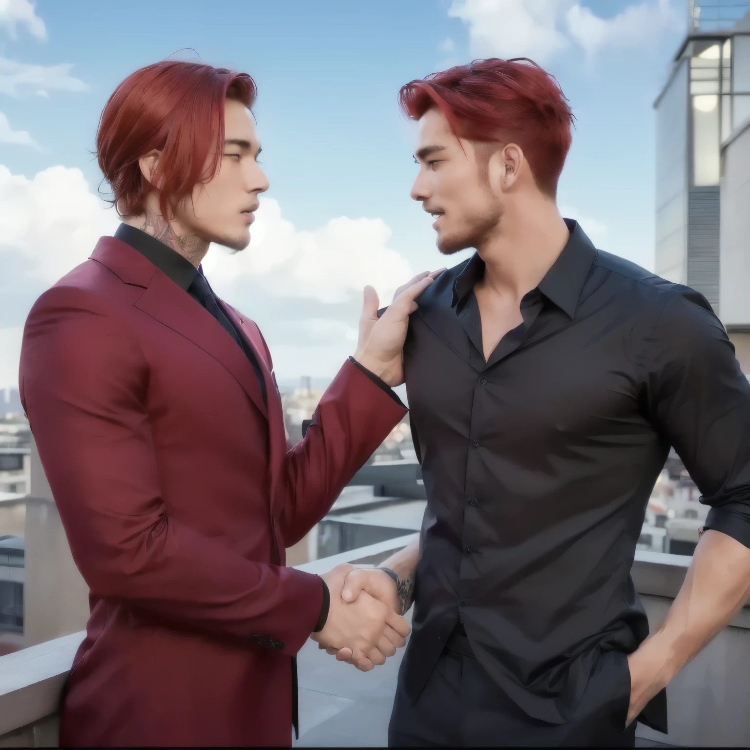 (best quality) (masterpiece) two handsome men are talking on the rooftop, two handsome men facing each other, serious expressions, sealing business with a handshake, (30 years old japanese man in red suit, fair skin, colorful hair, tattos on his neck), shaking hands with another (young red haired handsome man)