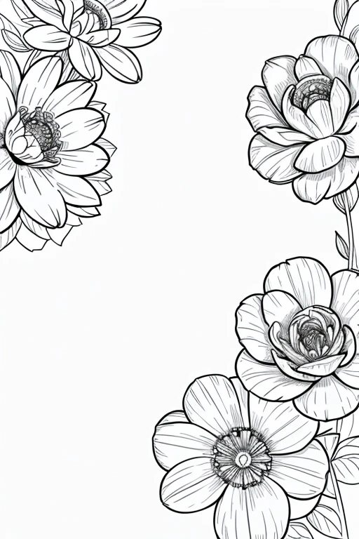 vibrant with exotic flowers in centre of landscape, ((white background)), only outlines used, lines, coloring book, clean lines, background. White, Sketch style, Coloring page for adult, clean line art high detailed, no background, white, black, coloring book, sketchbook, realistic sketch, free lines, on paper, no color.