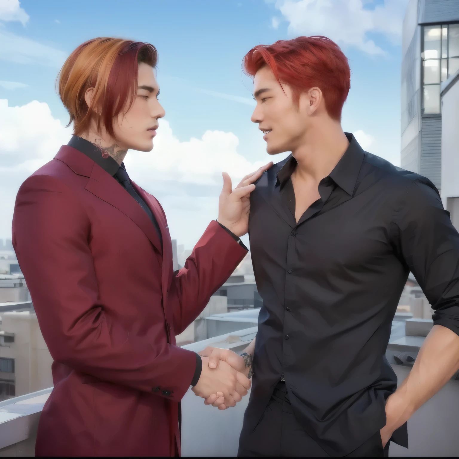 two handsome men are talking on the rooftop, two handsome men facing each other, serious expressions, sealing business with a handshake, 30 years old japanese man in red suit, fair skin, colorful hair, tattos on his neck, shaking hands with a young red haired handsome man
