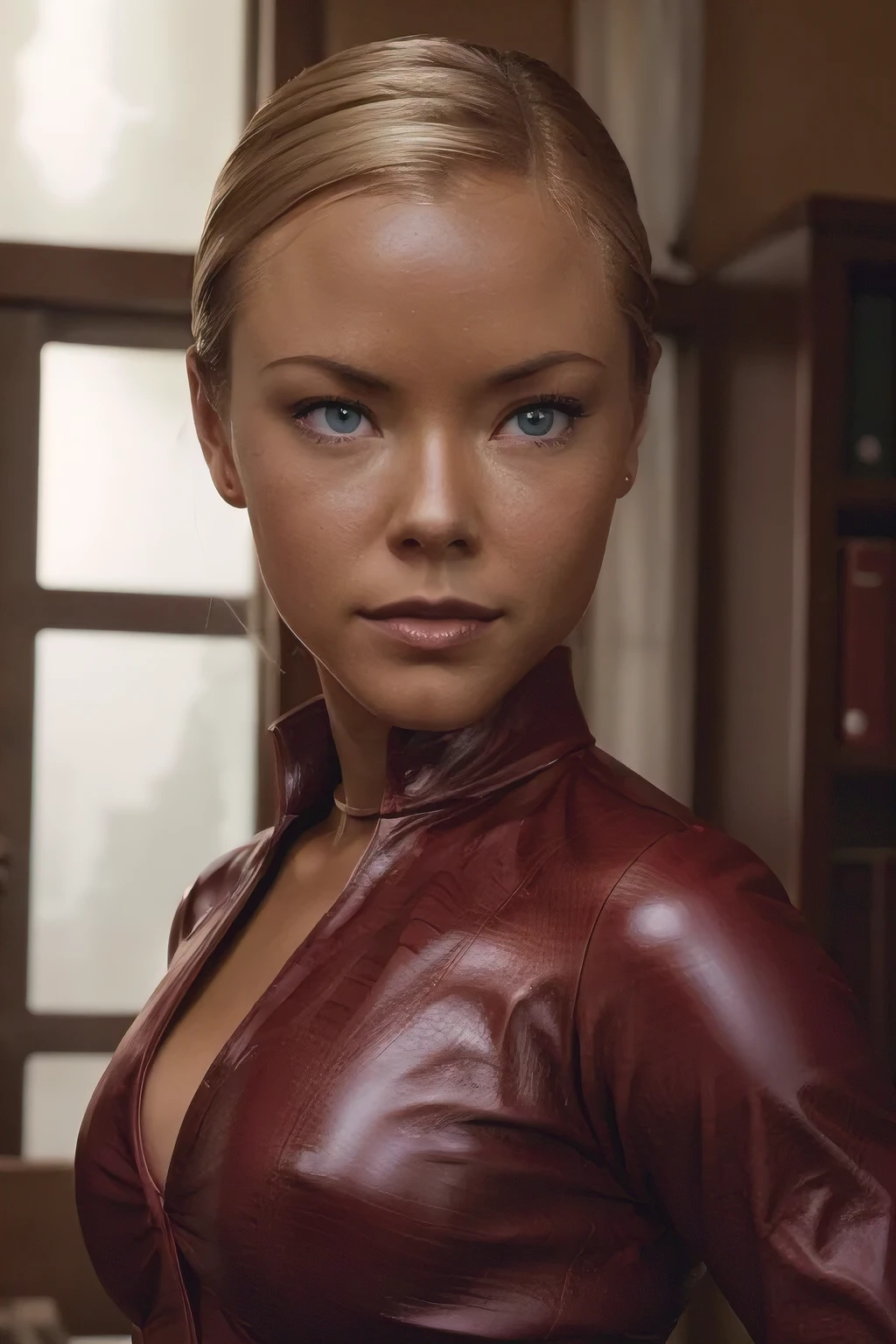 as Kristanna Loken T-X, Kristann Loken head, ultra-detailed, realistic, realistic face, perfect face, perfect nose, detailed hair, blond collected office hairstyle, detailed eyes, (best quality), in bedroom, masterpiece, ultra-detailed, uhd, high resolution, (rim lighting:1.2), two tone lighting, hyperdetailed, (artstation:1.4), cinematic, dramatic light, (red leather latex), (red leather latex), black high heel shoes,