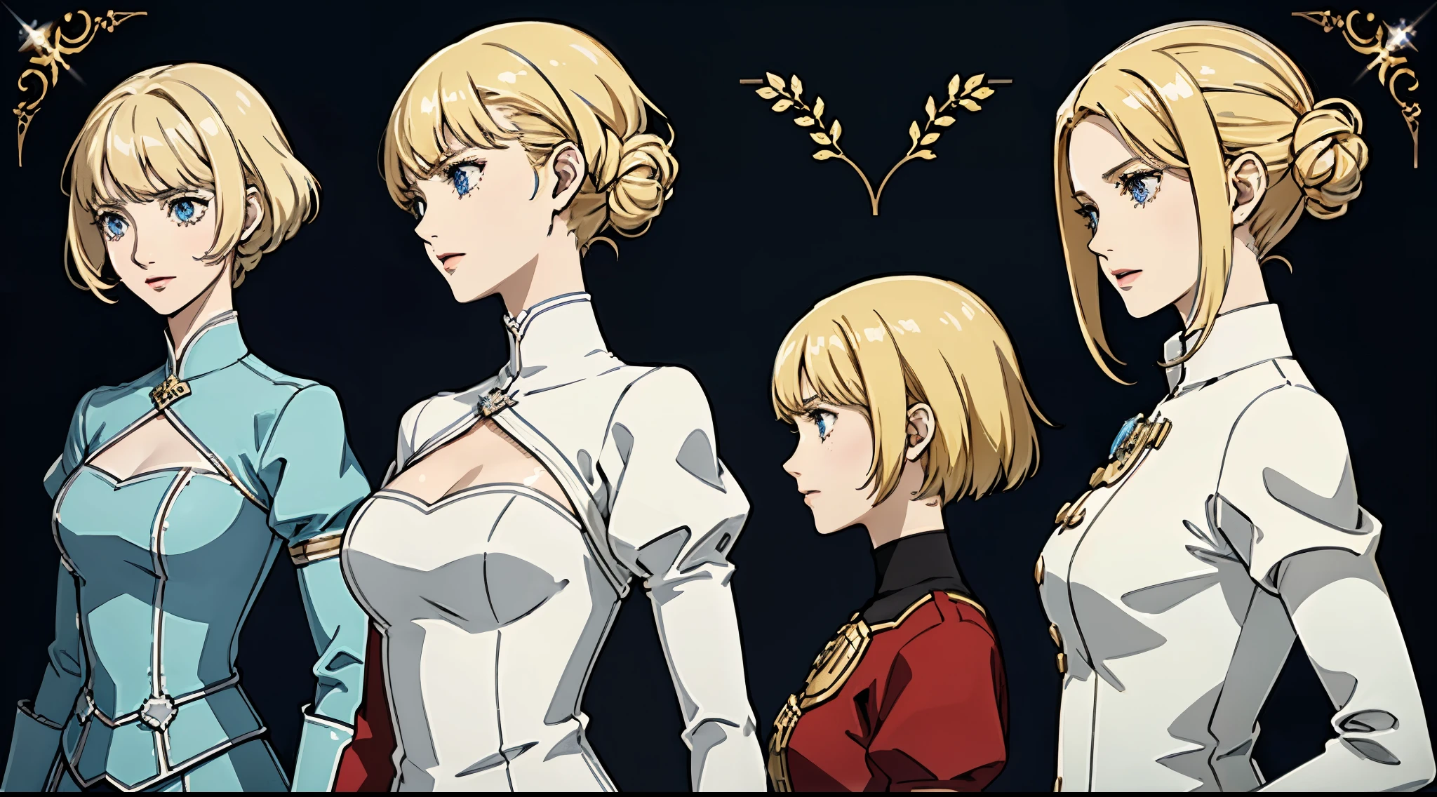 Lyra is a 25-year-old noble knight dedicated to justice, leader of the House of Scarlet Dawn. She is tall and slender, with a large chest, with golden blonde hair cut short and bright blue eyes. She wears sparkling armor adorned with her family's coat of arms and prefers simple yet functional outfits off the battlefield. His expression is noble and serious, his posture upright and assured. Make sure she's impressive, inspiring and very feminine, with a warmth in her eyes that reveals her compassion and empathy for her classmates.(((detailed character sheet, vue de face, side view, vue de trois quart))) (((fond blanc))) ((sexy )), ., Pack d&#39;emoticons，9 emojis，feuille d&#39;emoticons，Aligner la disposition，pink clothes、fond blanc、Poses et expressions multiples（levant les yeux、wonder，s&#39;amuser，excitation，grand rire，Touch your head，souhaitable, Attendez），Style anthropomorphe、diverses poses et expressions émotionnelles multiples，8k