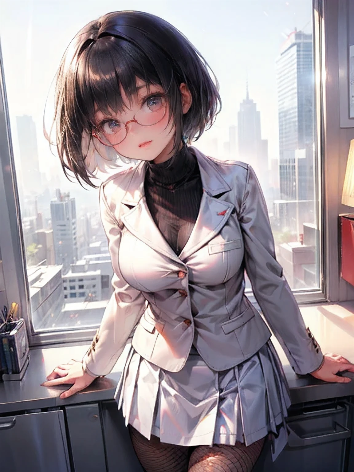 (cute girl, shiny jet black hair:1.2, medium straight hair, blunt bangs:1.2, bob cut, bright rosy lips, sparkling eyes, gently smile, head tilt), drooping eyes:1.4, round glasses, white blazer:1.2, white skirt:1.2, standing in offices, big breasts, fishnet tights