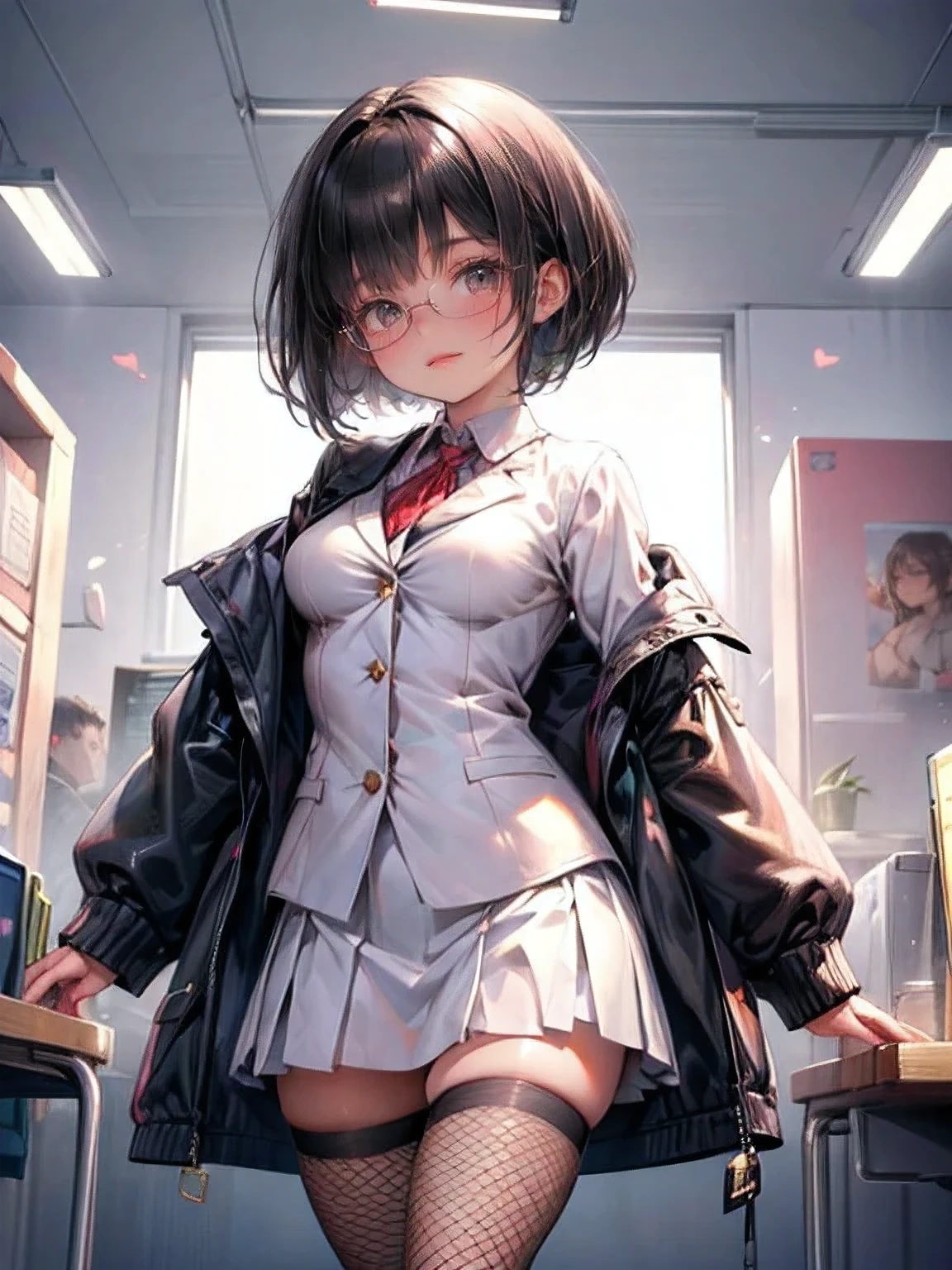 (cute girl, shiny jet black hair:1.2, medium straight hair, blunt bangs:1.2, bob cut, bright rosy lips, sparkling eyes, gently smile, head tilt), drooping eyes:1.4, round glasses, white blazer:1.2, white skirt:1.2, standing in offices, big breasts, fishnet tights