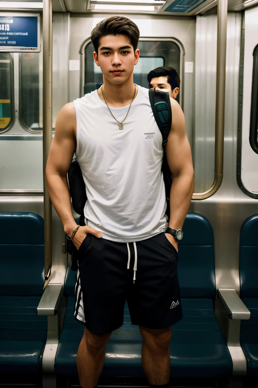 1 person,A 20-year-old man in the subway,Standing in a subway car,Ultra-flat head,White skinny sleeveless T-shirt,Wear yours with grey micro shorts,huge bulge, leg apart,musculous,Handsome,Look at your phone,Wear AirPods,Wear an Apple Watch,Sport backpack,white short socks,White sneakers,pervert smirk,exhilarated,full bodyesbian,Exposing thighs,Expose calves,Thick leg hair,In crowded subway cars,gentlesoftlighting,tmasterpiece,best qualtiy,8K UHD,digital SLR camera,filmgrain,Fujifilm XT3 Realistic painting art,Written by Midjourney and Greg Rutkowski