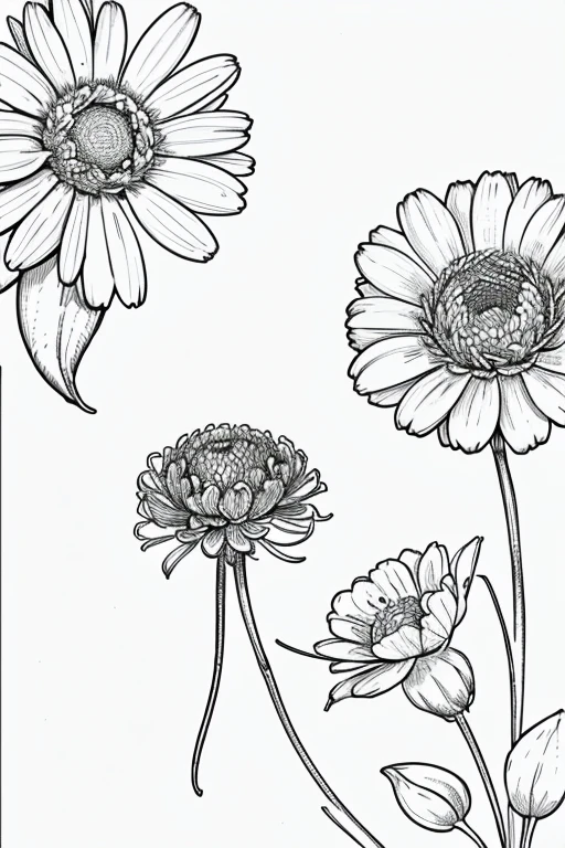 bee flying in a garden with summer flowers, ((white background)), only outlines used, lines, coloring book, clean lines, background. White, Sketch style, Coloring page for adult, clean line art high detailed, no background, white, black, coloring book, sketchbook, realistic sketch, free lines, on paper, no color.