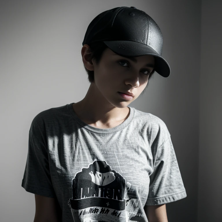 Dark, Sadness, chiaroscuro, black and white, 90s girl, simple background, minimalistic, posing, ((photoshot)), wearing a baseball cap, girl with pixie cut hairstyle, sexy woman, dark background highlighting the figure. natural lighting, stunning realism, minimalistic, simple background, monochrome, baggy t-shirt.