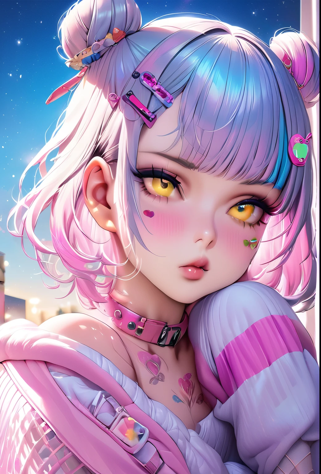 Holo-Punk Style, ((best quality)),((masterpiece)),((strikingly beautiful)), official art, masterpiece, sharp focus,Delicate and beautiful hair and eyes and face, realistic, ultra detailed, beautiful girl, blue sky, glow white particle, A single girl with a decora street fashion-inspired look, rocking a crazy harajuku style. She wears legwarmers and big platform shoes, and has her hair styled in adorable two buns. Short hair. The scene is set at nighttime, hairpins, accesories, bunny ears with pattern inside, striped, long socks, pale skin, hair ornament, epic scenery, , decora accessories like hairclips. She embodies the vibrant and trendy Harajuku fashion style, yellow eyes, yellow horns, light blue hair in two bun, grown woman, adult, big , big lips, blush on cheeks, curvy, sexy, pink fishnets, bows ,pink choker, fluffy and warm style, cute stickers, tattoos, clips, loads of clips maximalist