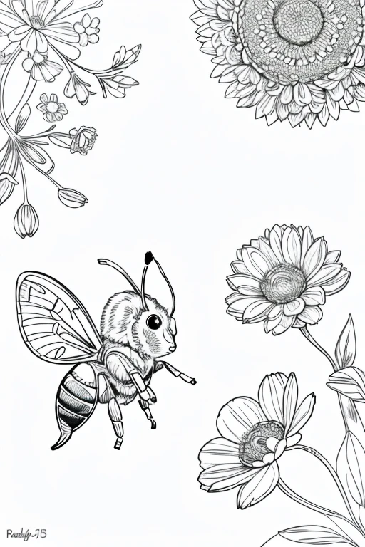 bees flying in a garden with spring flowers and trees, ((white background)), only outlines used, lines, coloring book, clean lines, background. White, Sketch style, Coloring page for adult, clean line art high detailed, no background, white, black, coloring book, sketchbook, realistic sketch, free lines, on paper, no color.