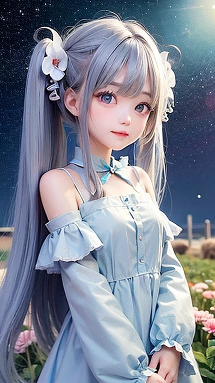 (highest quality, masterpiece), One Girl, Twin tails、stop temporarily, particle, Wind, flower, Upper Body, Simple Background, View audience, , milky way,smile、Turquoise Eyes、（Silver long hair）、cute、Twin tailsWind、Crescent Moon