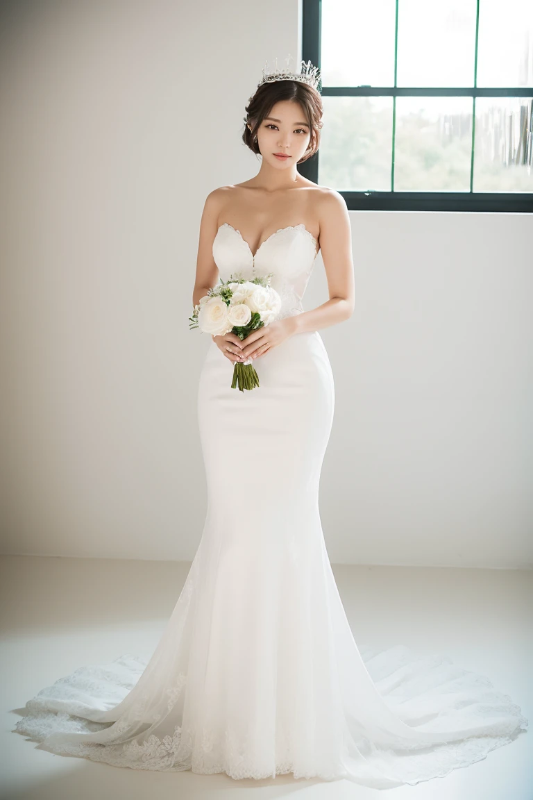 a masterpiece, top quality ((girl in perfect body shape)), ((a korean bride)), ((white background)), ((Bobhair cut)), ((top-quality)), RAW , ((masterpiece)) , (fujifilm), 16k , (Photorealism), ((beautiful bride)), ((wearing bride crown)) , ((low shot)), ((distant shot)), ((facing towards the viewers)), ((full body shot))