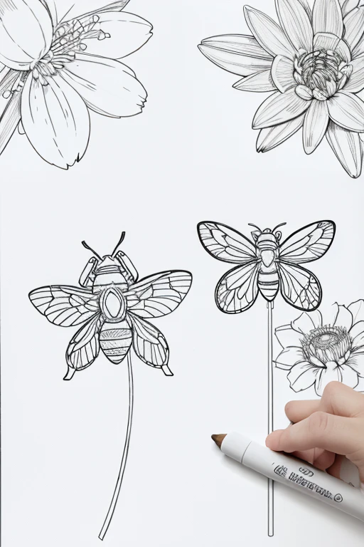 anime bees flying in a garden with spring flowers and trees, ((white background)), only outlines used, lines, coloring book, clean lines, background. White, Sketch style, Coloring page for adult, clean line art high detailed, no background, white, black, coloring book, sketchbook, realistic sketch, free lines, on paper, no color.