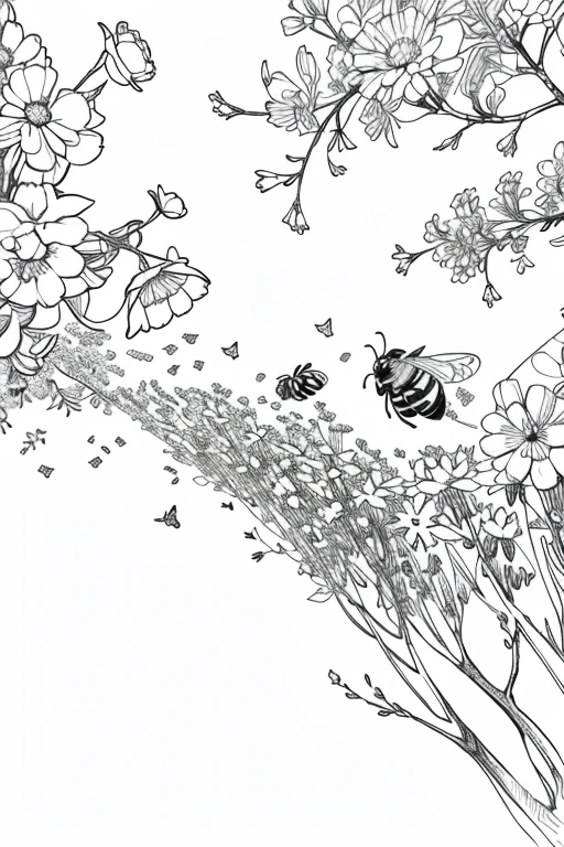 anime bees flying in a garden with spring flowers and trees, ((white background)), only outlines used, lines, coloring book, clean lines, background. White, Sketch style, Coloring page for adult, clean line art high detailed, no background, white, black, coloring book, sketchbook, realistic sketch, free lines, on paper, no color.