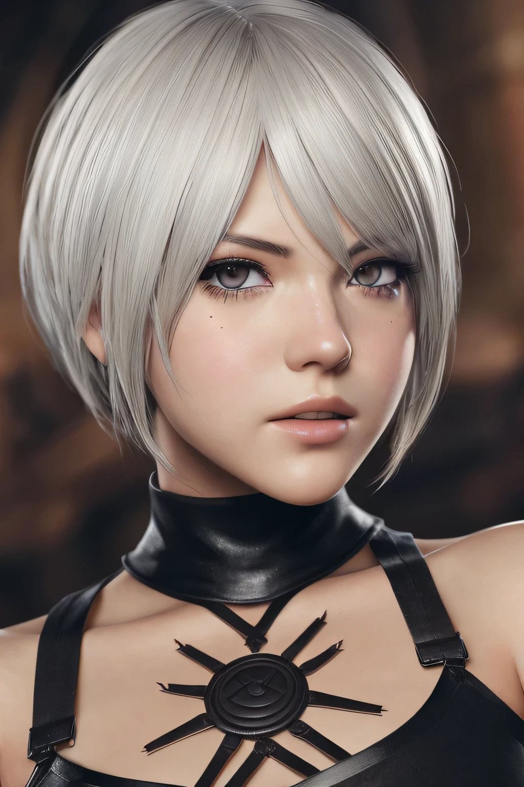 Nier automata 2B, fotorrealista, masterpiece, real, Photography, 85mm, textura en la piel, cabello real, detalles en la iris, ojos perfectos, full shot, movement