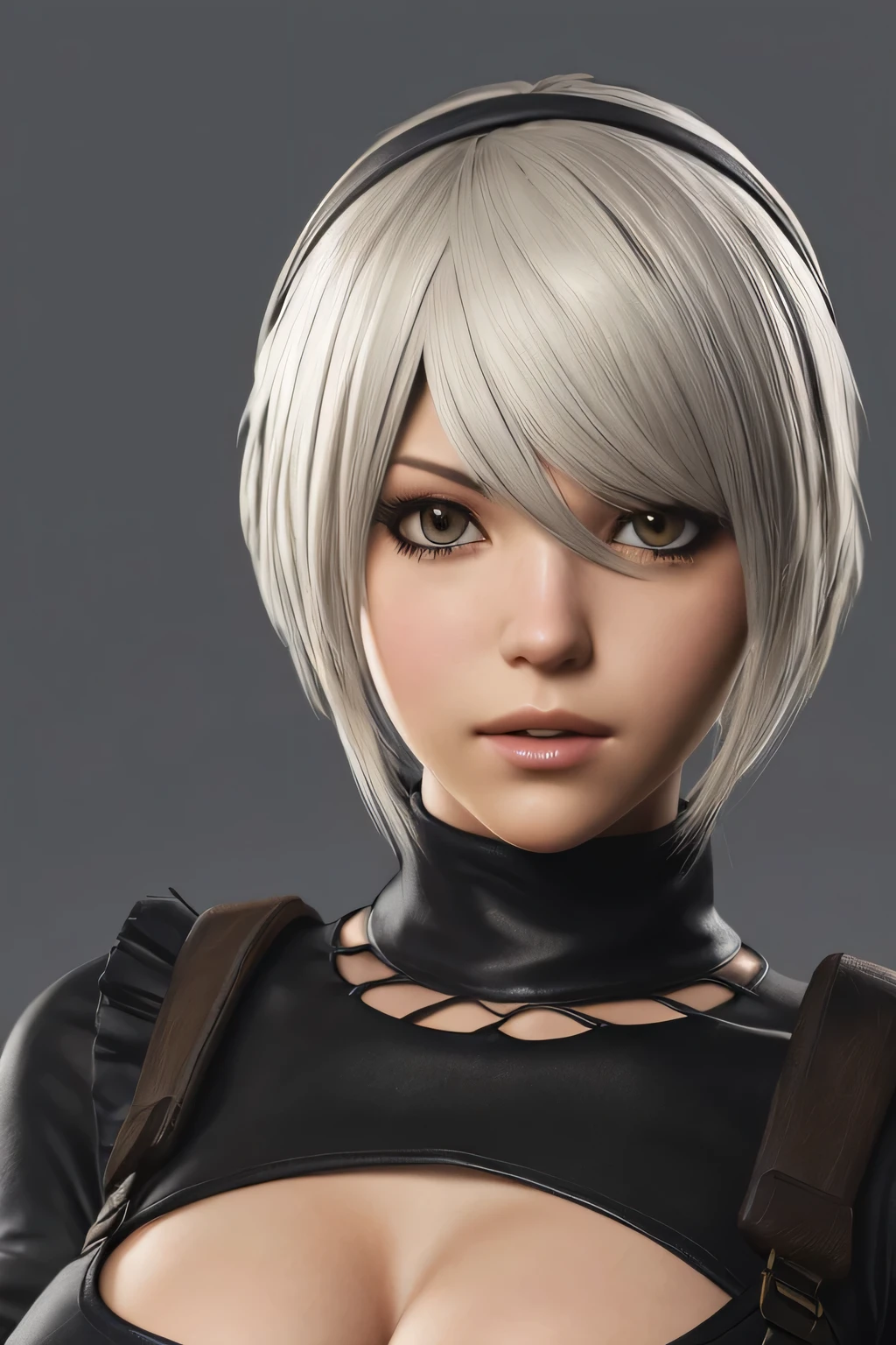 Nier automata 2B, fotorrealista, masterpiece, real, Photography, 85mm, textura en la piel, cabello real, detalles en la iris, ojos perfectos