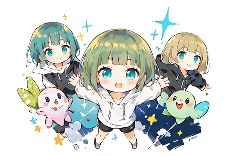 Blonde hair, short hair, turquoise eyes, plain white hoodie, black shorts, black sneakers,
Anime girl with stuffed Pikmin toys and other stuffedPikmin in arms, Splash art anime , , decora inspired illustrations, Best anime Konachan wallpapers, Detailed fanart, by Kamagurka, An anime cover, There is a cute Pikmin,look up.