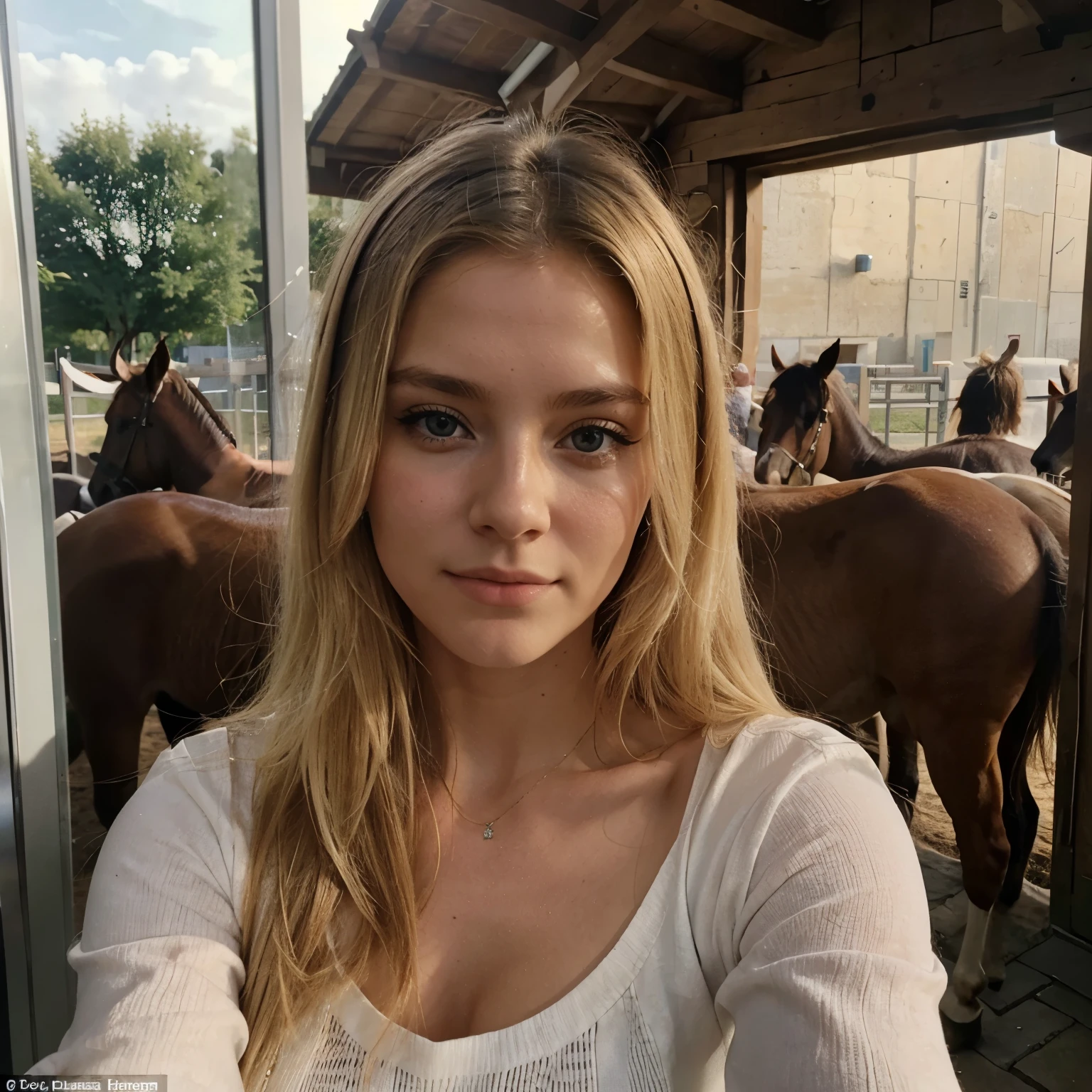 Jeune femme blonde qui fait un selfie elle regarde sur le côté, avec une queue de cheval , dans un champs 