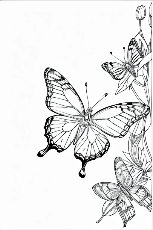 anime butterfly flying in a garden, spring flowers and trees, ((white background)), only outlines used, lines, coloring book, clean lines, background. White, Sketch style, Coloring page for adult, clean line art high detailed, no background, white, black, coloring book, sketchbook, realistic sketch, free lines, on paper, no color.