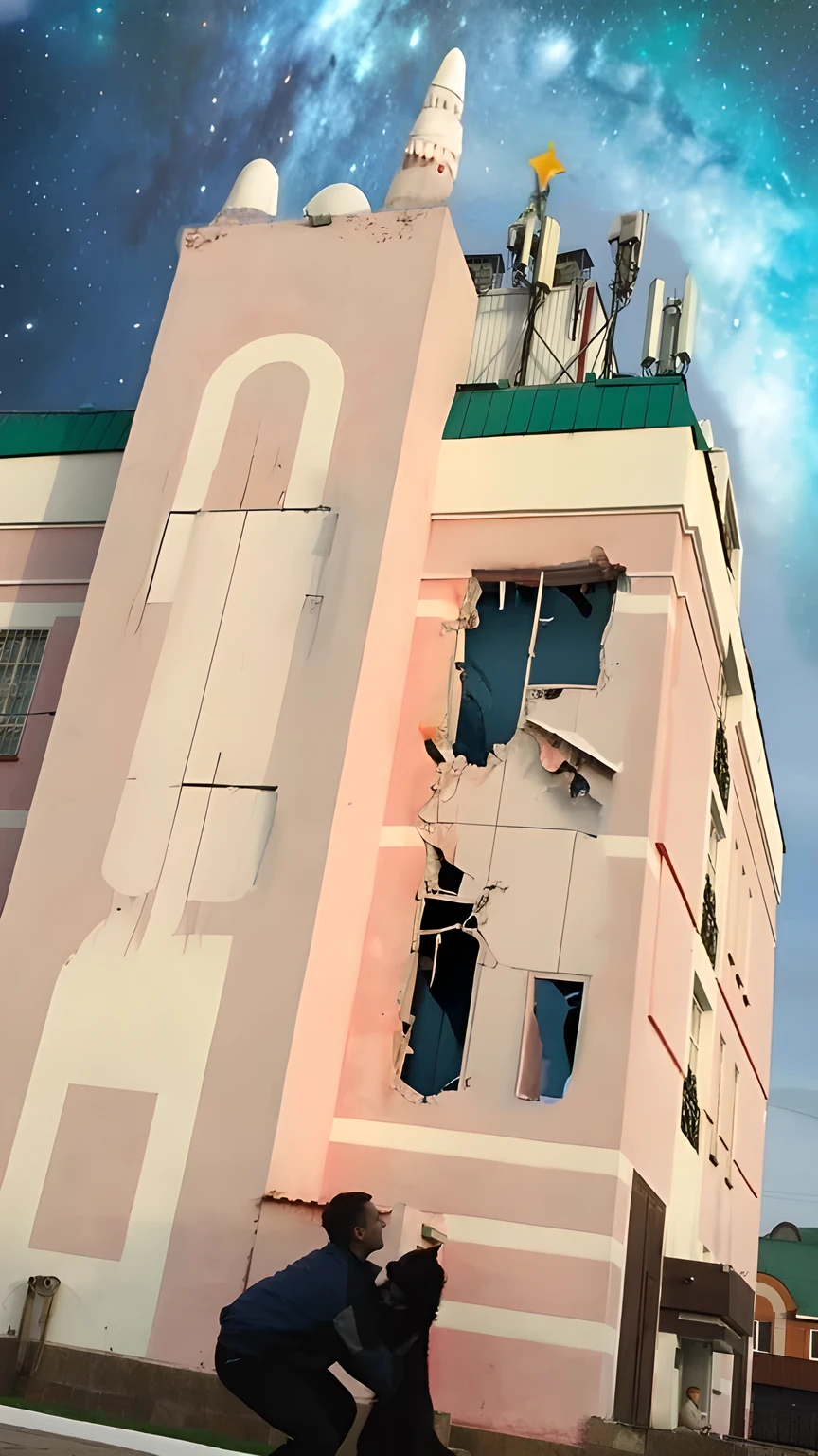 Destruction of a building, wreckage, futuristic, cyberpunk