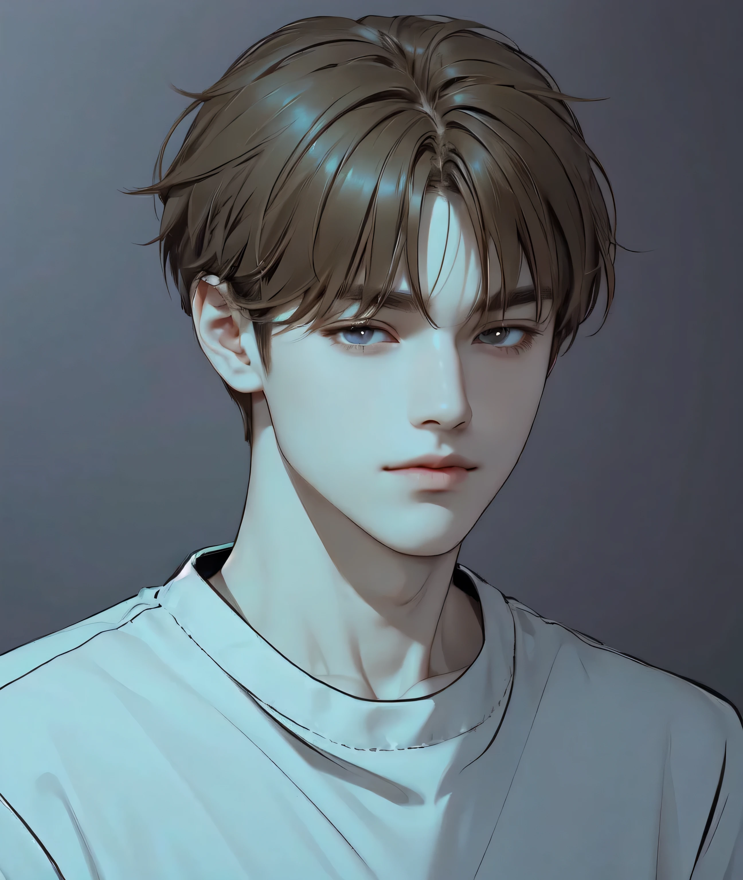 1man, perfect eye, perfect illumination, brown hair, brown eyes, unreal engine, sidelighting, detailed face, bangs, bright skin, simple background, dark background