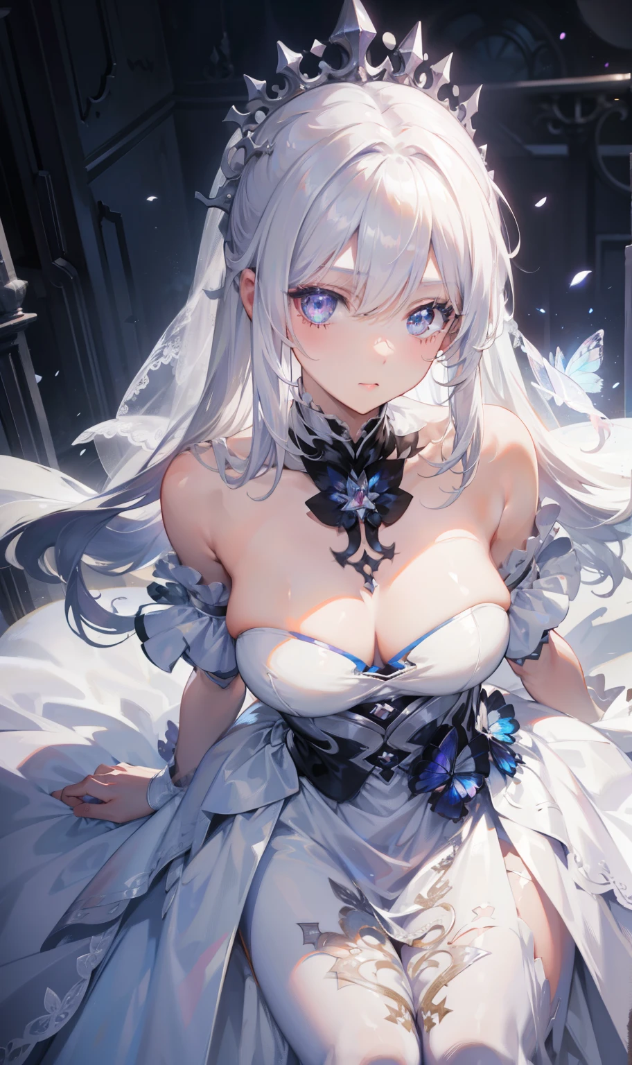 Silver Hair,Butterfly,Long white hair,White Wedding Dress,8k wallpaper,Detailed background,Maximum resolution,Deep V Big,hair covering one eye,Strapless wedding dress,Chis,White Rose,Tight
