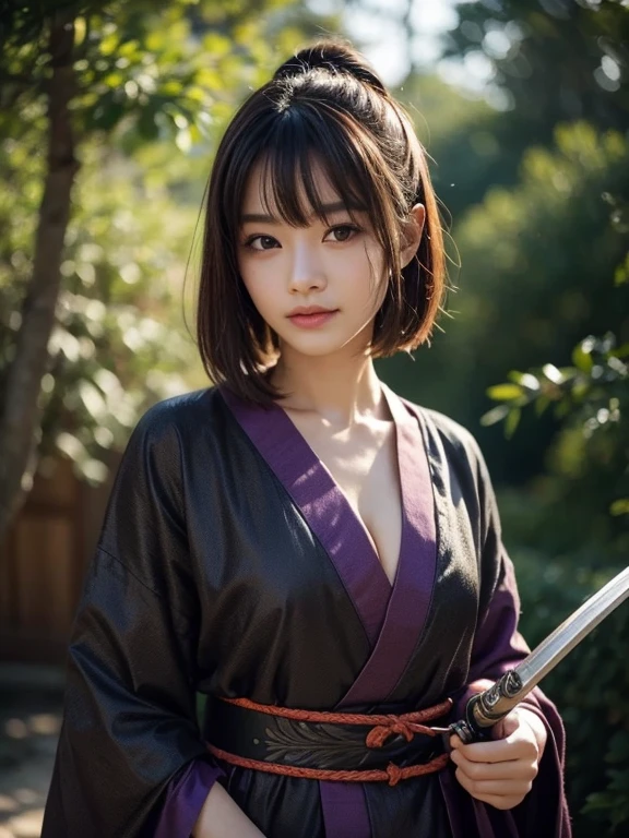 RAW photo, 8K portrait, authentic, masterpiece, best quality, official art, highly detailed, highly saturated, samurai girl, slim body, one girl, weapon, sword, medium bob, one hand holding sword, sword grip, arm guard, smiling looking at camera, brushing hair back, floating hair, beautiful 25 year old Japanese woman, pale skin, double eyelids, wearing black and purple ninja outfit, kimono, hanfu, combat, ninja silhouette, plump cleavage, action packed, forest background, intricate facial details, intricate handcrafted details