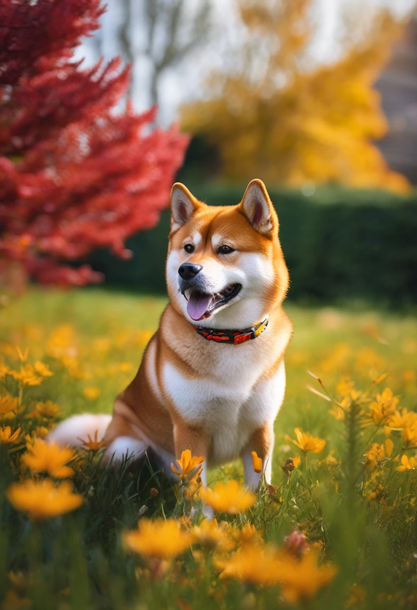 A Shiba Inu, aesthetic, (best quality,4k,8k,highres,masterpiece:1.2),ultra-detailed,(realistic,photorealistic,photo-realistic:1.37),dog,Shiba Inu,cute fluffy dog,loyal companion,playful expression,friendly temperament,curled tail,triangular ears,squishy face,adorable button nose,beautiful red coat,natural hunting abilities,expressive eyes,alert posture,running in the park,sunlight filtering through the trees,green grass and colorful flowers in the background,nature,leash,falling leaves,joyful energy,blissful expression,soft fur texture,sharp focus,vivid colors,playful interaction with other dogs,smiling owner's face,unconditional love and happiness,portrait,close-up,photography