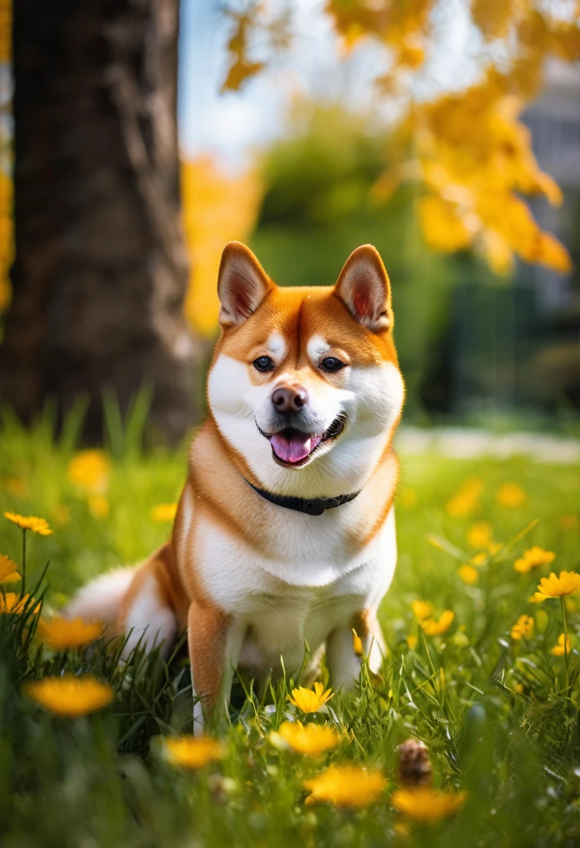 A Shiba Inu, aesthetic, (best quality,4k,8k,highres,masterpiece:1.2),ultra-detailed,(realistic,photorealistic,photo-realistic:1.37),dog,Shiba Inu,cute fluffy dog,loyal companion,playful expression,friendly temperament,curled tail,triangular ears,squishy face,adorable button nose,beautiful red coat,natural hunting abilities,expressive eyes,alert posture,running in the park,sunlight filtering through the trees,green grass and colorful flowers in the background,nature,leash,falling leaves,joyful energy,blissful expression,soft fur texture,sharp focus,vivid colors,playful interaction with other dogs,smiling owner's face,unconditional love and happiness,portrait,close-up,photography