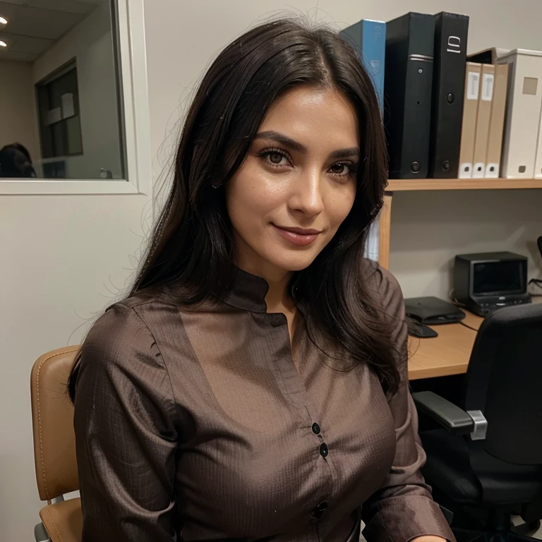 Mulher 30 anos, cabelo curto e preto, nariz empinado e delicado, friendly smile, rosto angelical, slightly marked cheekbones, com roupa social terno,slightly voluminous lips, working with friends in the office 