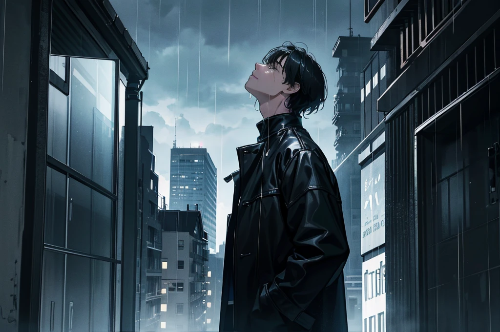 Sad boy, crying, darkness, Rainy sky, standing on top of a tall building, 3D, High class, hard disk, black and short hair, crying, facing left and looking up at the sky, imagining a beautiful woman