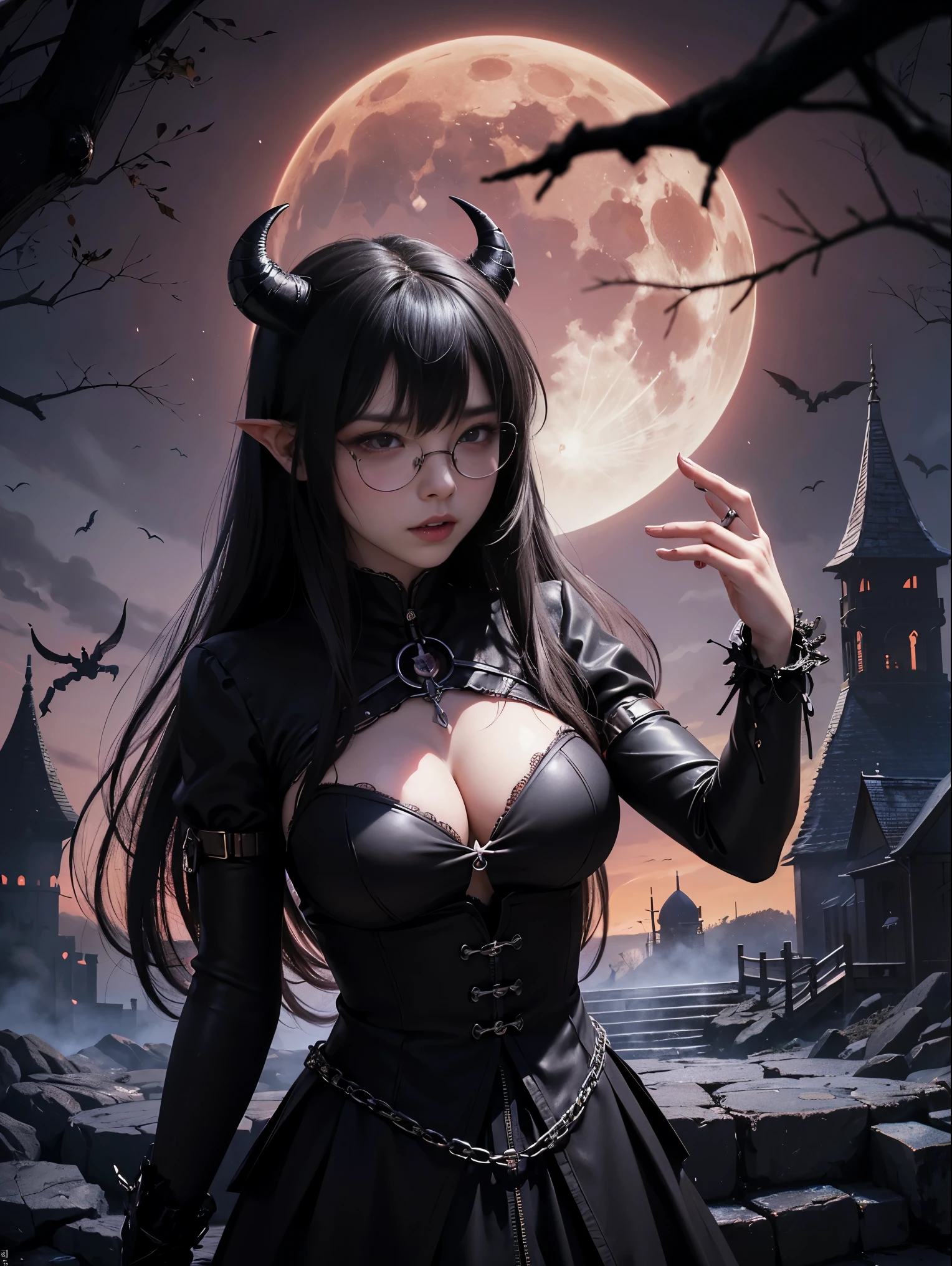 Dark Fantastic Night , Behind me is a big, scary castle , Lots of bats , big, red, Fantastic Moon , Beast skull, Blood Chain, Skeleton Behemoth, Abnormal restless eyes, Sutured limbs, Tentacles, Skeleton, teeth, Sharp Fangs, Chained, insanityの表現, insanity, Dungeons、 Dungeons環境,There are many magical glowing stones around her , dark空の遥か遠くに龍が, horror scene , 美しい女性のdevil , The most terrifying and evil goddess you've ever seen,insanityを誘う,severely distorted,Nightmare,redい魔法の非常に明るい目 , A small magical sphere glowing red in both hands at the same time , オーブを見つめる女性のdevil , Dark Big Wing , ((((Round Glasses))))、(((Big Breasts)))、(Super beautiful face) 、(highest quality,High resolution:1.2),(dark,Threatening:1.1),(Bad luckな:1.1),(devil,Satan,Lucifer:1.1),(devil的な:1.1) 、Realistic, Portraiture, 暗くてSpooky atmosphere, Glowing Eyes, spiritual being, Unforgettably美しい, Ghostly figures, Swirling Mist, Supernatural existence, devilの本質, Shadow-like shape, Spooky whispers, Ominous Aura, Eerie pale skin, Dark and twisted branches, Flickering candle light, Spooky elements, Mysterious and enigmatic, Spectral emergence, Gothic art style, attractive, Spectral range, Extremely depressed, Otherworldly beauty, Mysterious glow, Unforgettably'Don't forget, Cold atmosphere, Spooky and ominous lighting.,(Bad luck,Bad luckな:1.1),(Powerful figure:1.1、Big Breasts、Glasses) ,(Twisted corners,Fiery crown:1.1),((((Round Glasses)))),(((Big Breasts)))、dark森の女神, 肉を剥がしてSkeletonの輪郭を見せる, I can see the veins pulsating with an eerie blue light., Wearing a dress made of spider webs、Decorated with crawling insects, 鋭いteethを並べた邪悪な笑み, The embodiment of primal fear,、(redい目が光る:1.6)、(redくGlowing Eyes,鋭いteeth:1.1),(Black wings,thick,shabby:1.1),(hellish landscape:1.1),(fire,sulfur:1.1),(Threatening雰囲気:1.1),(dark shadows,Threatening presence:1.1),(Bad luck clouds,Stormy Skies:1.1),(dark,Spooky atmosphere:1.1),(Bad luck aura,Evil energy:1.1),(dark aura,cigarette:1.1),(Extreme heat,Burning Flames:1.1),(Surreal,Nightmareビジョン:1.1), (Ultra-precision needles) , Blood splattered on the body, Pale face , Dark Red Lip , Black Devil Wear , Shaped body , 彼女の周りのredい魔法 , redマナのローテーション、highest quality, Very deしっぽed, Realistic, Portraiture, 暗くてSpooky atmosphere, Glowing Eyes, spiritual being, Unforgettably美しい, Ghostly figures, Swirling Mist, Supernatural existence, devilの本質, Shadow-like shape, Spooky whispers, Ominous Aura, Eerie pale skin, Dark and twisted branches, Flickering candle light, Spooky elements, Mysterious and enigmatic, Spectral emergence, Gothic art style, attractive, Spectral range, Extremely depressed, Otherworldly beauty, Mysterious glow, Unforgettably'Don't forget, Cold atmosphere, Spooky and ominous lighting、(redい目が光る:1.6)、(redくGlowing Eyes,鋭いteeth:1.1),(Black wings,thick,shabby:1.1),(hellish landscape:1.1),(fire,sulfur:1.1),(Threatening雰囲気:1.1),(dark shadows,Threatening presence:1.1),(Bad luck clouds,Stormy Skies:1.1),(dark,Spooky atmosphere:1.1),(Bad luck aura,Evil energy:1.1),(dark aura,cigarette:1.1),(Extreme heat,Burning Flames:1.1),(Surreal,Nightmareビジョン:1.1),(Predicting the end:1.1),(Bad luck whispers,devilのような笑い:1.1),(Cry of pain,echoing screams:1.1),(Bad luck symbols,Ancient runes:1.1),(Mysterious Relic,dark artifacts:1.1),(Infernal Ritual,Ritual sacrifice:1.1),(devil的な minions,creatures of darkness:1.1),(Desolate,Barren Wilderness:1.1)、