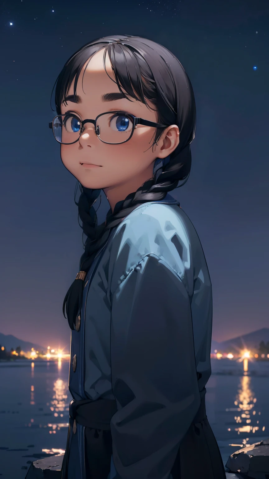 8K quality,(super masterpiece:1.3),highest quality,Detailed Images,1 female,symmetrical beauty,20th Generation,Medium build(Black Hair,Curly Hair,With bangs,Two braids),(Thick eyebrows,Thick eyebrows),(Rimless Glasses,Thin-rimmed glasses,Small glasses),(Blue Eyes,blue eyes),(Fantastic night sky background,Star of the sky,Lake at night,Lake at night畔),(Face directly towards the camera,Looking directly at the viewer,looking at the camera,The body faces the viewer,The body is facing the direction of the camera,Face looking straight into the camera). 