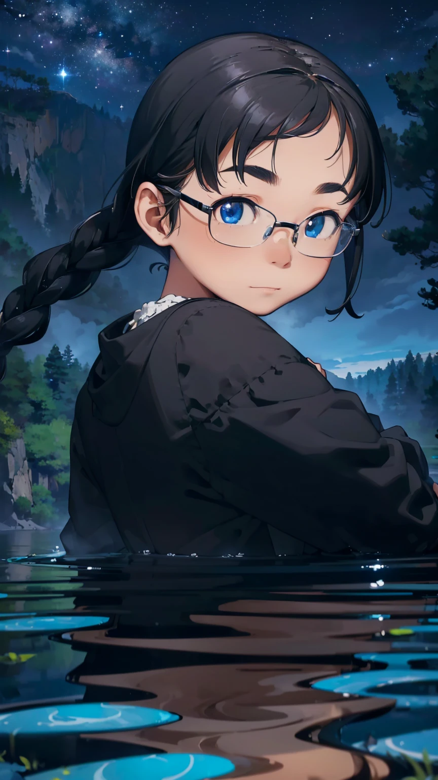 8K quality,(super masterpiece:1.3),highest quality,Detailed Images,1 female,symmetrical beauty,20th Generation,Medium build(Black Hair,Curly Hair,With bangs,Two braids),(Thick eyebrows,Thick eyebrows),(Rimless Glasses,Thin-rimmed glasses,Small glasses),(Blue Eyes,blue eyes),(Fantastic night sky background,Star of the sky,Lake at night,Lake at night畔),(Face directly towards the camera,Looking directly at the viewer,looking at the camera,The body faces the viewer,The body is facing the direction of the camera,Face looking straight into the camera). 