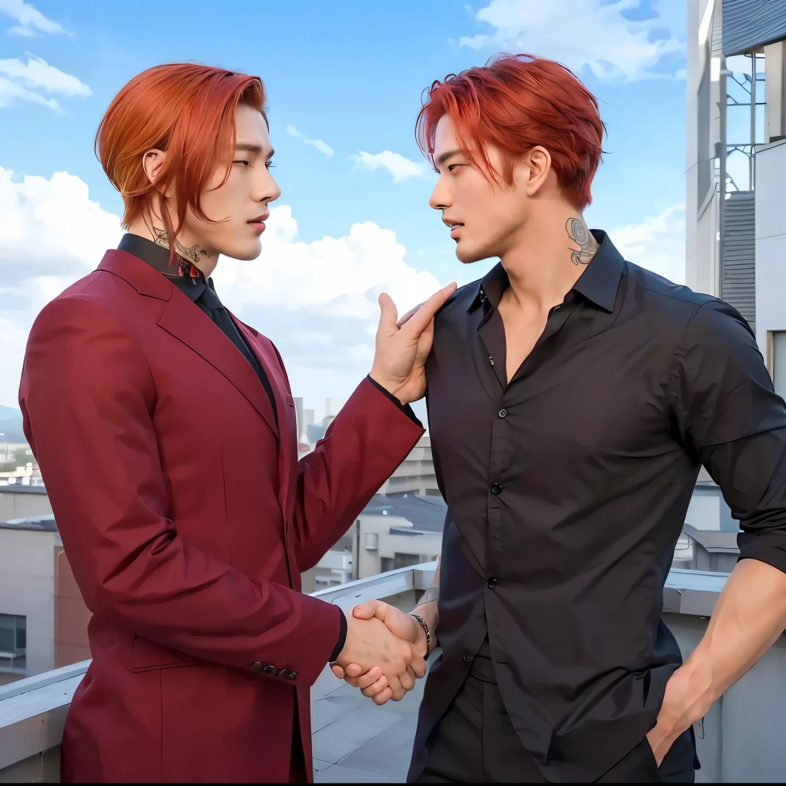 (best quality) (masterpiece) two handsome men are talking on the rooftop, two handsome men facing each other, serious expressions, sealing business with a handshake, (30 years old japanese man in red suit, fair skin, colorful hair, tattos on his neck), shaking hands with another (young red haired handsome man)