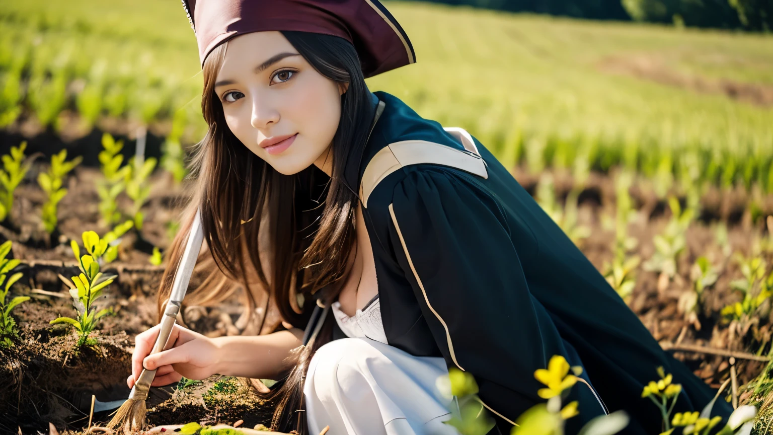 (8k, RAW photo, best quality, masterpiece:1.2), ultra detailed, ultra high res, (realistic, photo realistic:1.37), portrait, high detail RAW color photo, professional photograph, an extremely delicate and beautiful, extremely detailed, 8k wallpaper, Amazing, finely detail, huge file size, official art, extremely detailed CG unity 8k wallpaper,black_background ,AGE20, In the Field, AGE20, Woman Working in the Fields of Medieval Europe , scantily clad, pirate costume,