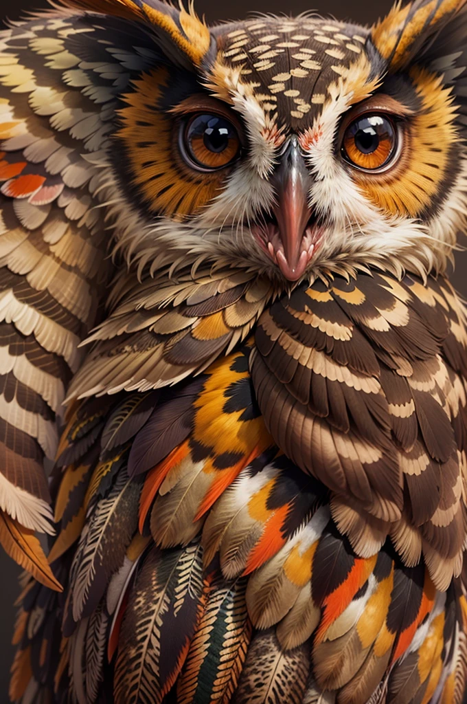 (smoother skin, no feathers, wing membrane, long round tail, brown and dark brown patterns),(best quality,4k,8k,highres,masterpiece:1.2),ultra-detailed,(realistic,photorealistic,photo-realistic:1.37),illustration,owl,close-up view,vivid colors,soft lighting