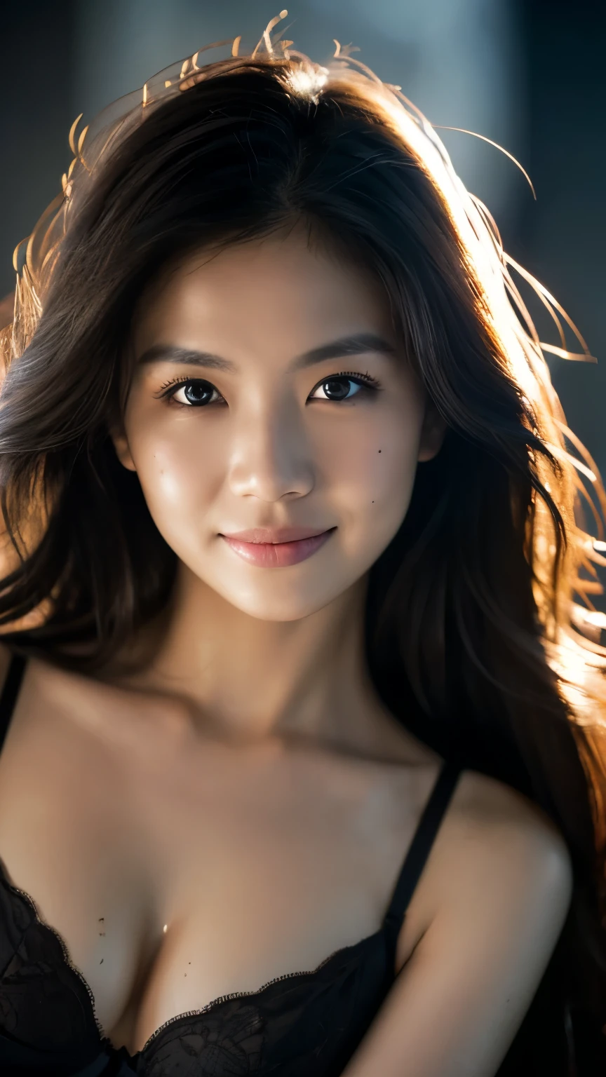 highest quality, epic realistic, ((in the pitch black darkness :1.4)), ((portrait:1.5)),(background: dark ) high contrast ,glorious picture, lowest lux, lighting face, she's comfortable, wearing white lingerie, looks incredible, (8k, Raw photo, Highest quality),(epic realistic:1.5), a woman, face,(detailed eyes:0.8),(looking at the camera:1.4), (Highest quality), ( high contrast, deep shadows),Intricate details,cinematic,((skin:1.4)), (long dark hair:1.3), long hair, messy ,(Hdr:1.5),Detailed, colors, Superior quality, Masterpiece, Raw Photo (20-year-old, looking at viewer), beautiful, (wearing underwear,), perfect, natural, perfect composition, portrait, perfect face, smiling expression, Captivating eyes, Bright details, Tight lips, (High Skin Detail),, (blue tint: 0.6), (sale: 0.8), (bloody: 0.7), Key lighting , (backlight: 0.5), Medium depth of field, Canon 5d, 50mm lens, f/4 apertures, (Ultra-detailed, Complex detail), sharp focus, soft colors, 8k, Absurd, 80mm, dark background, photography, smiling, pinay, filipina, medium ,