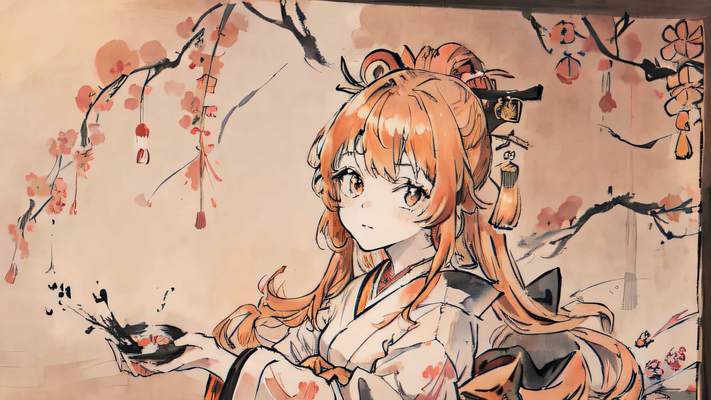 1 girl,Orange Hair,Long Hair,masterpiece,(((High definition))),(Japanese style:1.4),princess,trendy,(((Healing))),Wonderful Japanese ink paintings:1.2