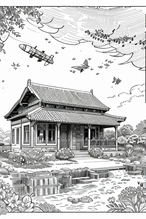 bees flying over the hive near a beautiful river with rocks and a distant sun and clouds, vibrant with exotic flowers and greenery, ((white background)), only outlines used, lines, coloring book, clean lines, background. White, Sketch style, Coloring page for adult, clean line art high detailed, no background, white, black, coloring book, sketchbook, realistic sketch, free lines, on paper, no color.