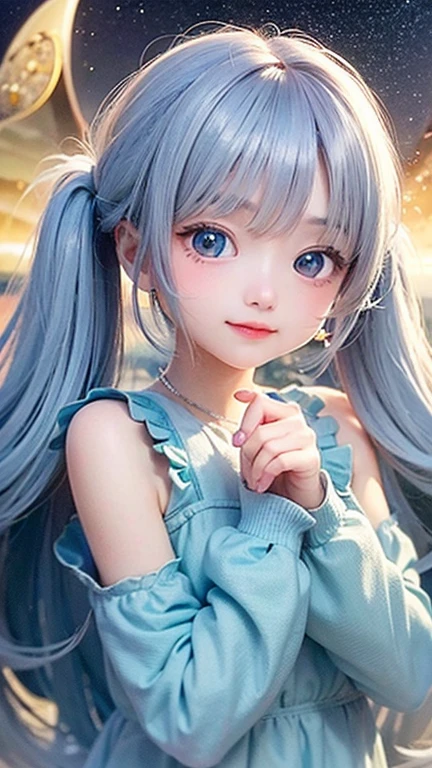 (highest quality, masterpiece), One Girl, Twin tails、stop temporarily, particle, Wind, flower, Upper Body, Simple Background, View audience, , milky way,smile、Turquoise Eyes、（Silver long hair）、cute、Twin tailsWind、Crescent Moon