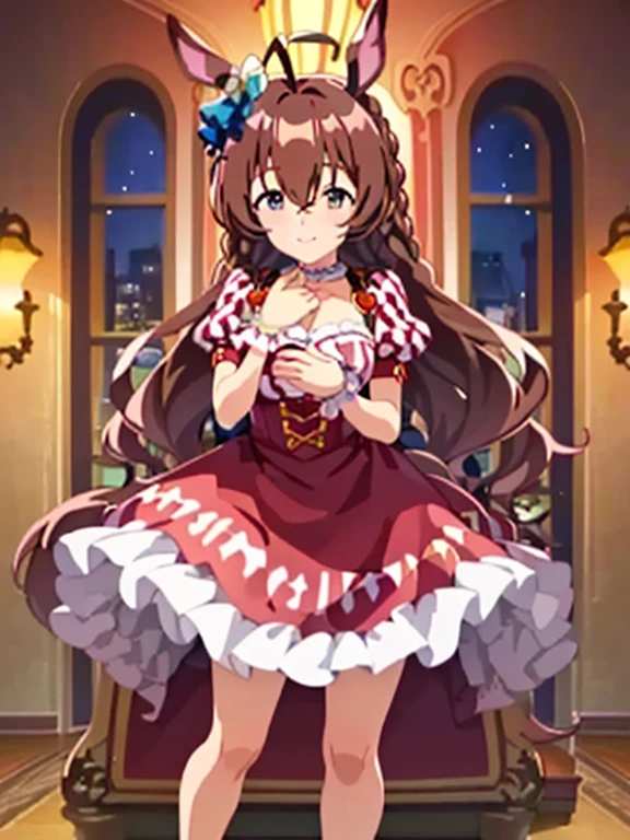 Mejiro Bright\(umamusume\), ((highest quality))、((masterpiece))、Ultra-high resolution、、(Anime 2D Rendering, Realistic young anime woman),
Beautiful body, Beautiful thighs, Beautiful feet, White beautiful skin、
(Spread your chest wide、((white and red ta dress))、
smile、Face towards the viewer、(whole body、Are standing)