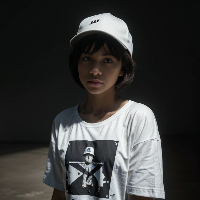 Dark, Sadness, chiaroscuro, black and white, hiphop oldschool, 90s girl, simple background, minimalistic, posing, ((photoshot)), wearing a baseball cap, girl with pixie cut hairstyle, sexy woman, dark background highlighting the figure. natural lighting, stunning realism, minimalistic, simple background, monochrome, baggy t-shirt.