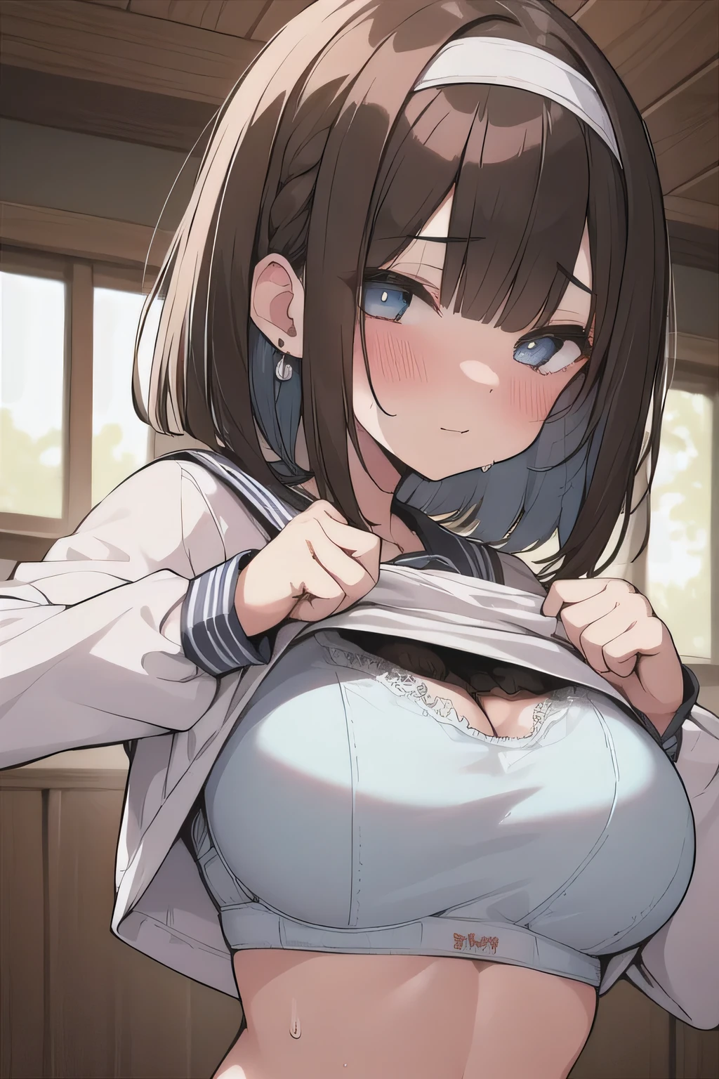(best quality), (Super detailed), (Best Illustration), (woman), (Ahegao:1.2), look at viewer, {(white serafuku), (shirt, lift:1.2), (show off bra:1.3)}, (beautiful large breasts), {(detailed eyes), (heart-shaped pupils), blue eyes}, {brown hair, (bob cut:1.3), curly hair, hairs between eyes}, blush, sweat, steam, earring, hair band,