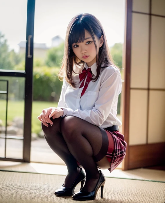 ulzzang-6500-v1.1, (Raw photo:1.2), (Photoreal),(genuine: 1.4), (muste piece), highest quality, shape, Super detailed, finely, High resolution, 8k wallpaper, Perfect dynamic shape, beautiful and detailed eyes, There is a woman squatting in the room., (super realistic pantyhose:1.3), Beast, japanese , seifuku, Chiho, sakimichan, cute , Yoshitomo Nara, various poses, japanese girl uniform, wearing Japanese , reluvy5213, wearing a principal's uniform