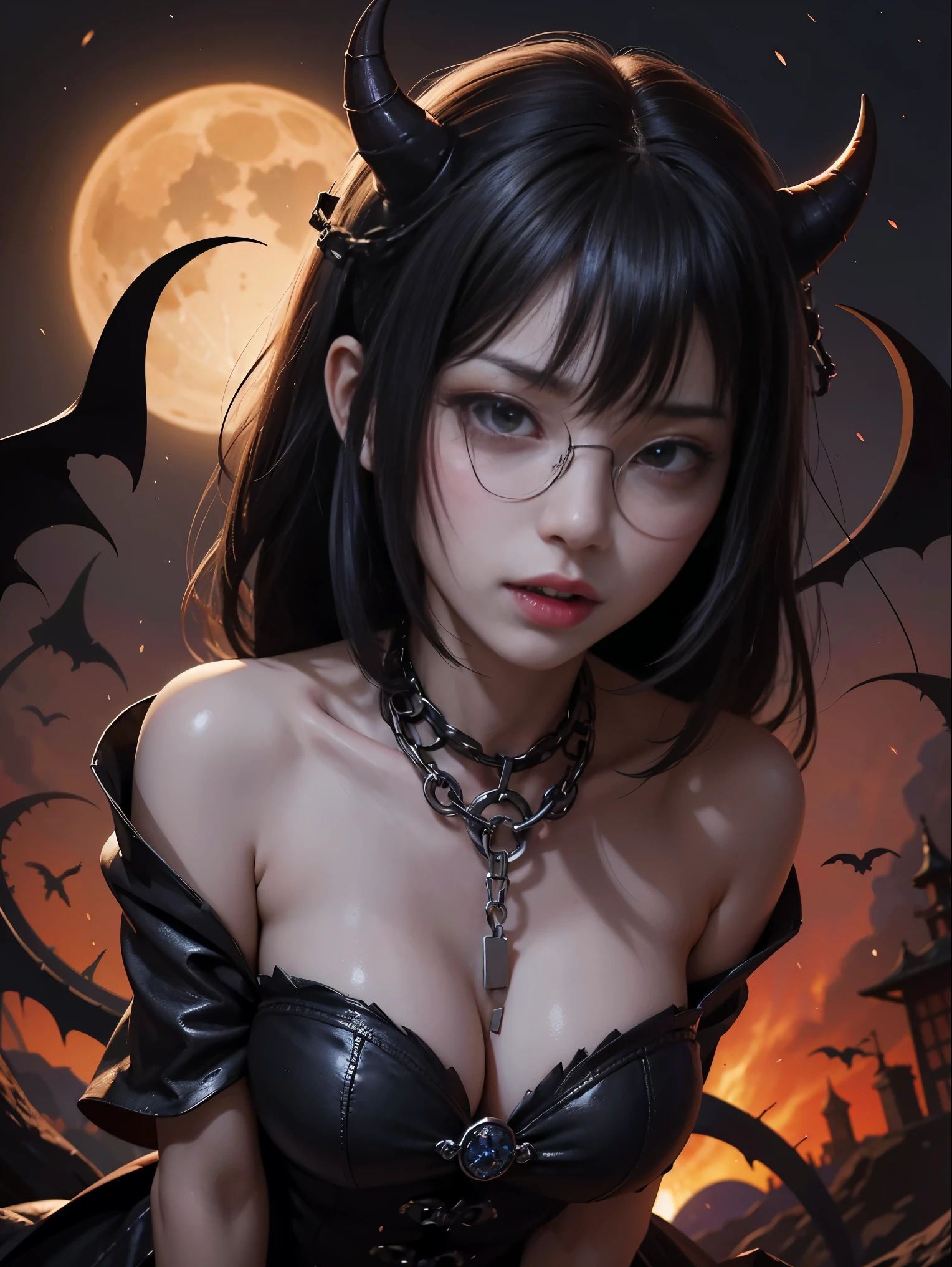 dracula effect on a girl with evil power with long straight horns coming out of the side of the head in a straight line, fully clothed, big chest, seductive smile, sheep straight horns, black hair, long hair, sleeveless, long gloves, swimdress black suit with short shorts, necktie, succubus, strapless thigh highs.