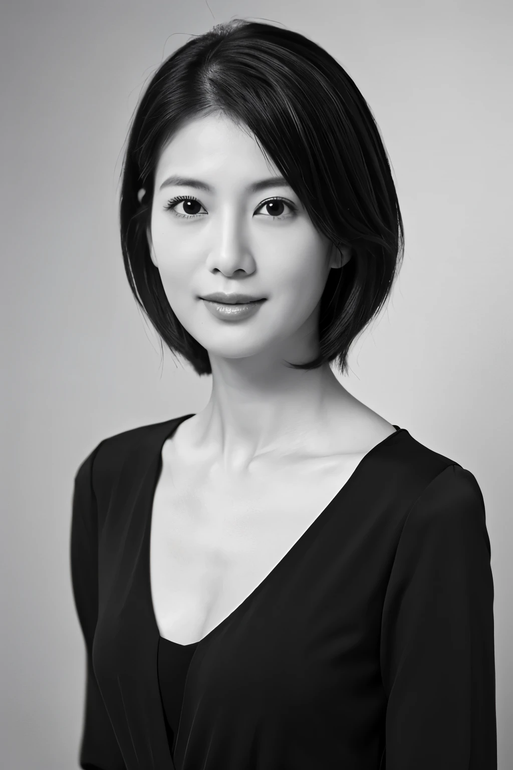 masterpiece, highest quality, Photorealistic, Very detailed, High resolution, 8k wallpaper, ((Black and white photography)), 1 girl, Skinny Japanese woman, (((Look forward))), ((Only the lips are red)), ((服はBlack and white photography)), short hair, Cleavage, Perfect Face, Straight hair, ((Look straight at the camera))