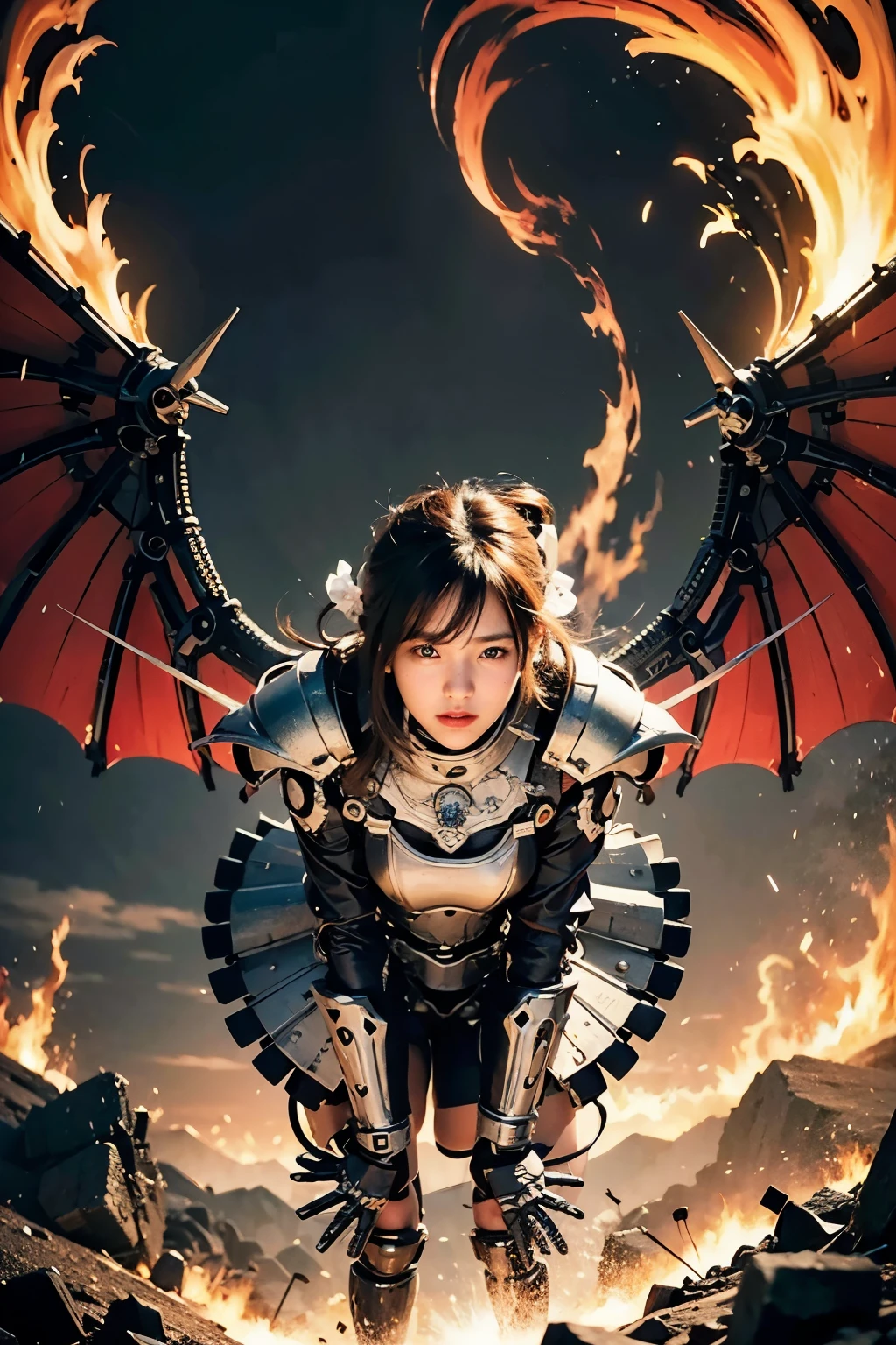 (masterpiece, best quality:1.2), (8k uhd, 16k, 32k, ultra high res), (photorealistic:1.37), (RAW photo), ultimate-realistic, ultimate-realistic details, ultimate-realistic texture, ultimate-intricate details, ultimate-realistic lighting, ultimate-realistic shadow, 1 japanese girl, ultimate-cute face, ultimate-RAW skin, ultimate-realistic eyes, (mechanical:1.4),  (armor), full body, wide shot