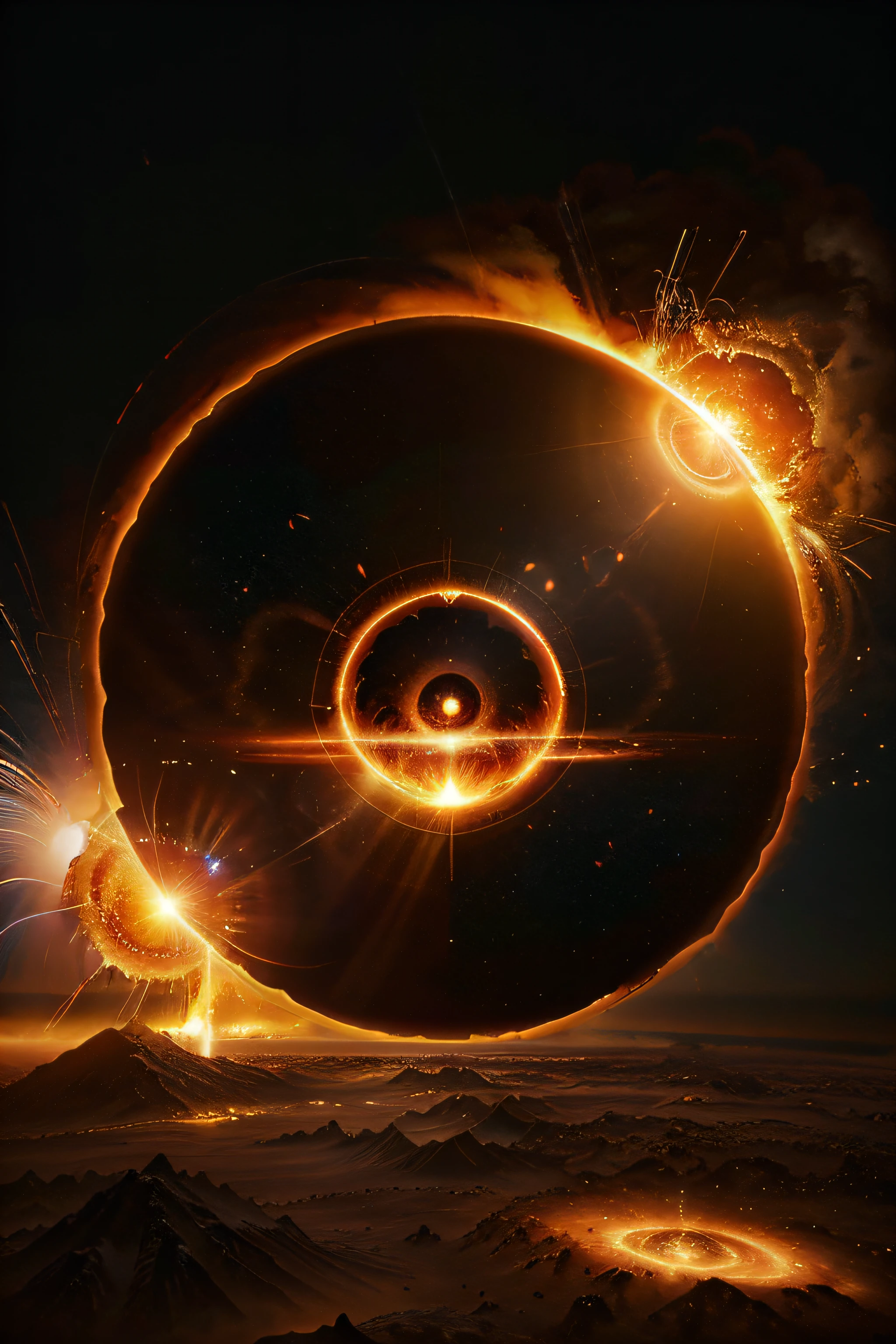 Big enigmatic force hands cause explosion at center, his eyes look at he epicenter