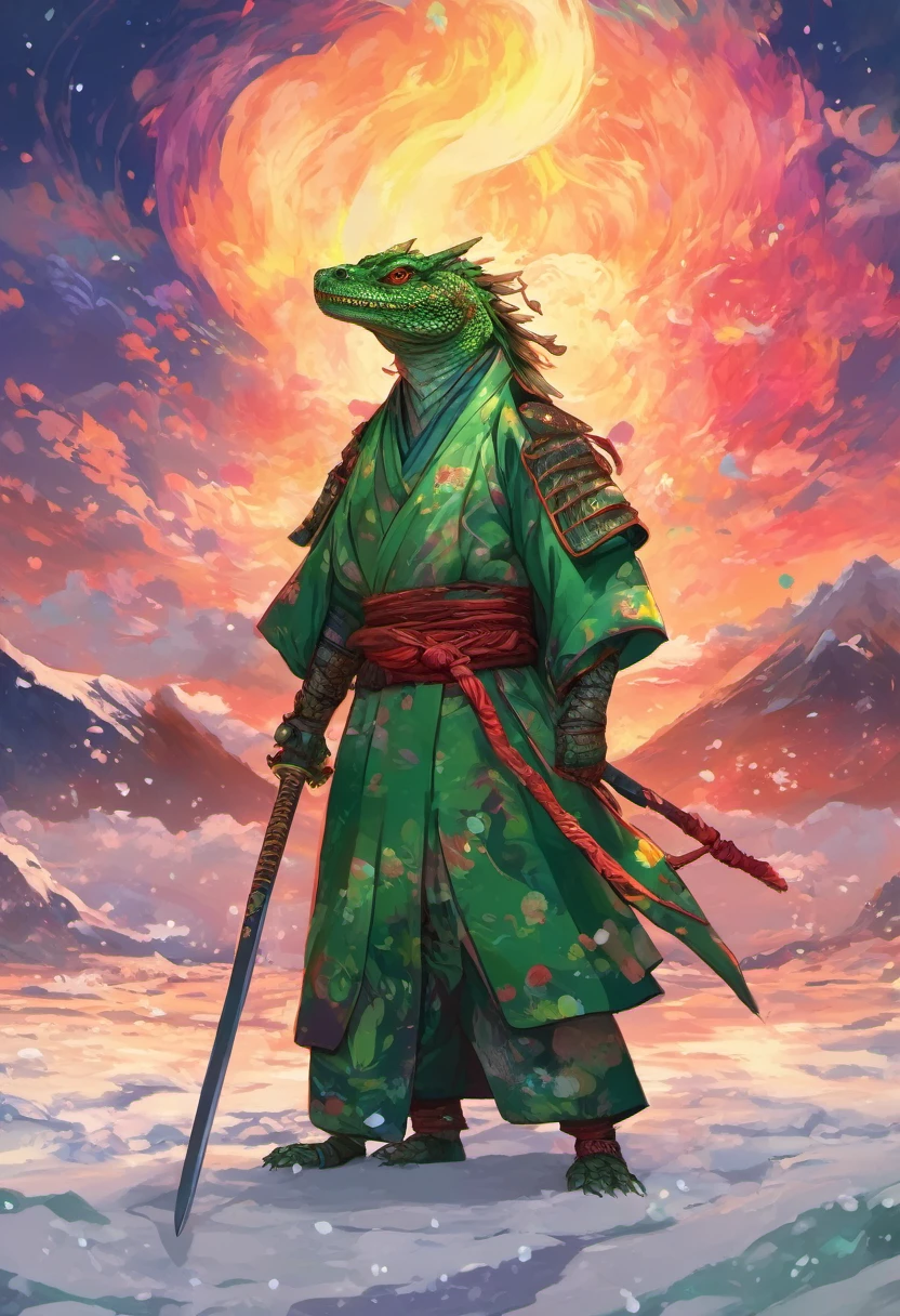 Grey and green scaled lizardman dressed like a samurai in formal samurai robes, surrounded by a swirling rainbow lights, a magical snowy steppe in the background, twilight, drawn in very strong ukiyo style